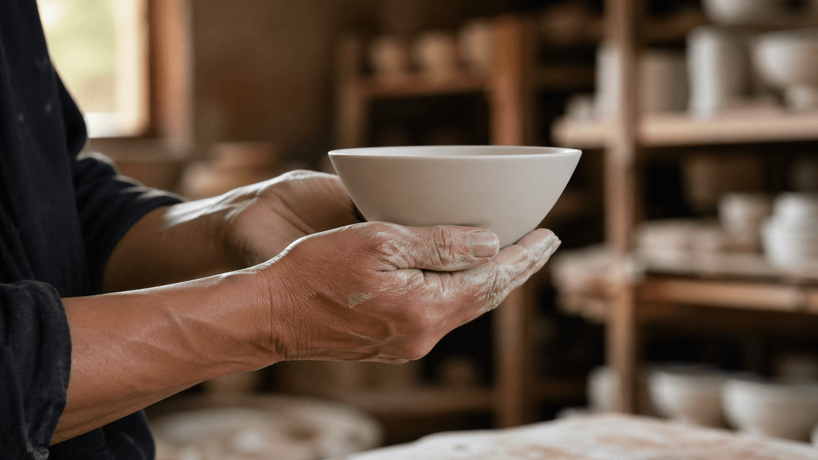 师傅手捧白瓷碗，工坊一角
