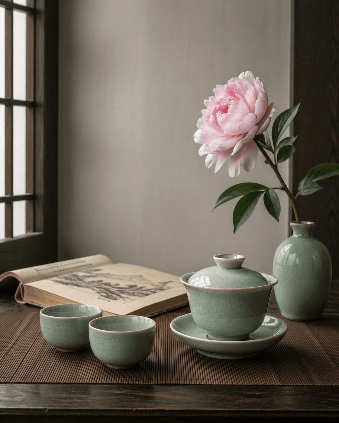影青茶具与牡丹